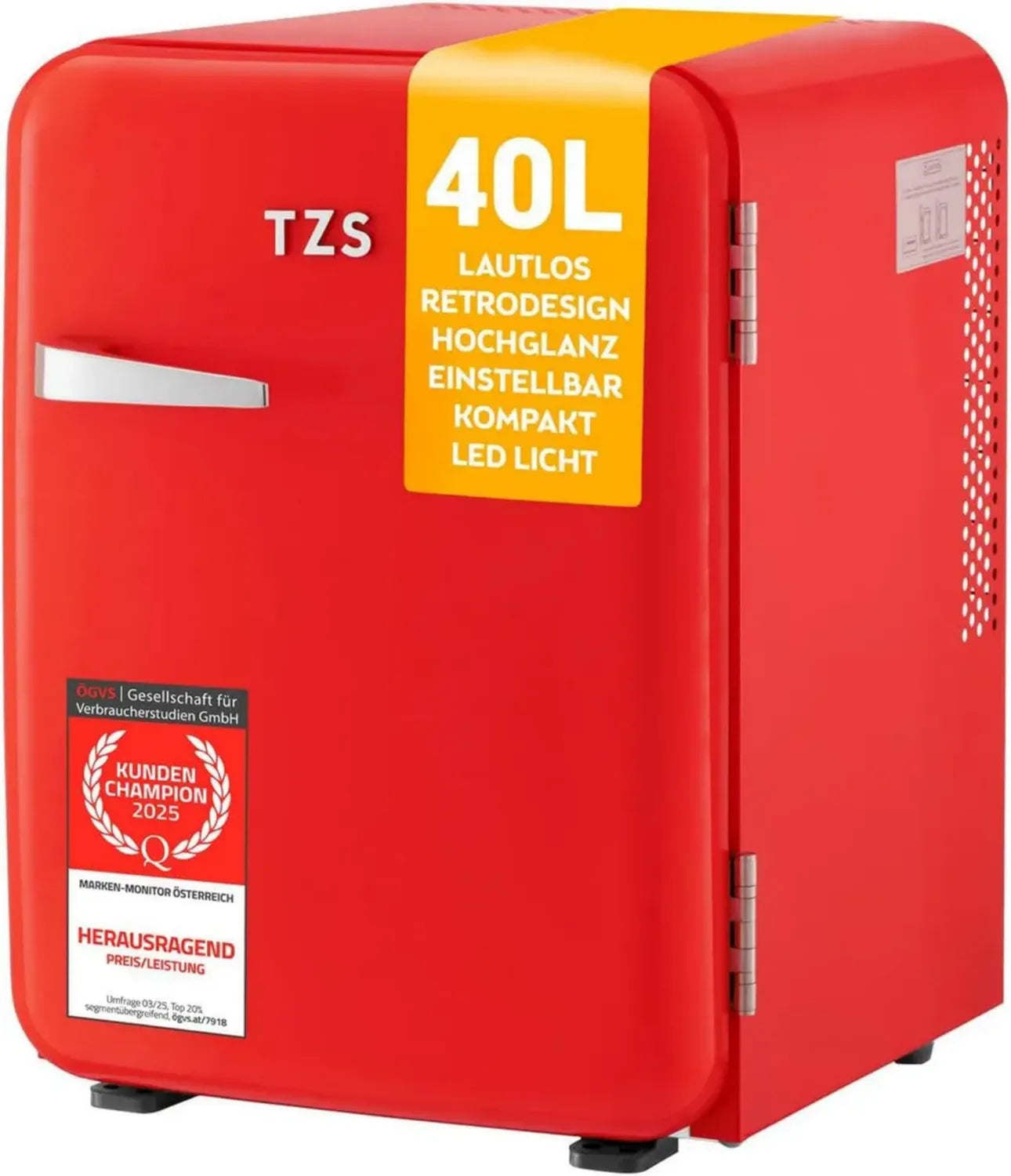 Retro Mini-Kühlschrank 40L im Vintage-Design, lautlos mit Innenbeleuchtung und Doppeltürfächern, ideal für Camping, Büro, Schlafzimmer und Hotel - Rot