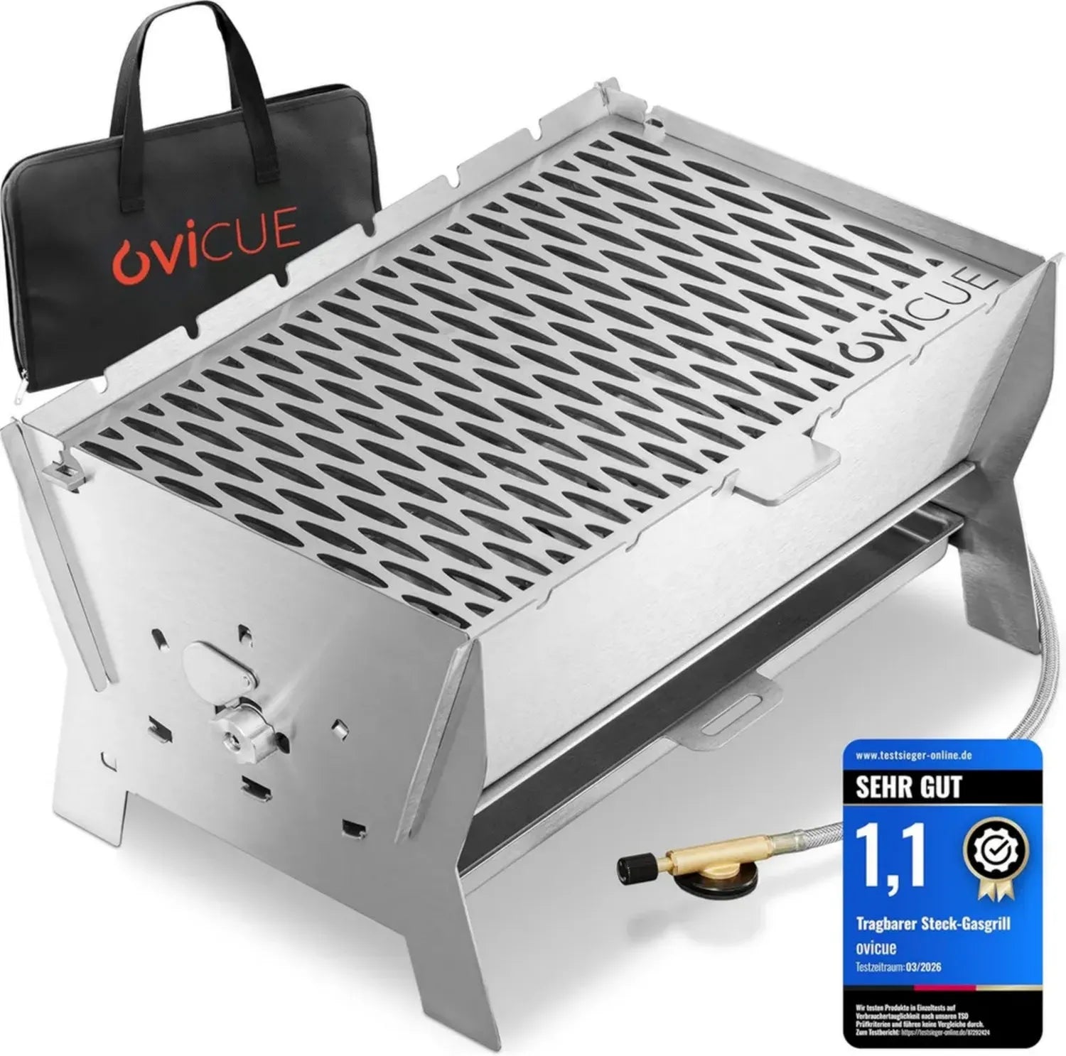 Multifunktionaler Edelstahlgrill – Tragbarer Gas- & Holzkohlegrill mit Stecksystem – Inklusive Tragetasche – Ideal für Camping, Balkon und Garten