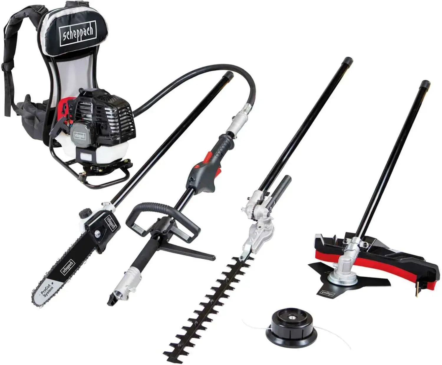 Scheppach 4-in-1 Benzin-Gartengerät MFH5300-4BP - Motorsense, Rasentrimmer, Heckenschere, Hochentaster mit 2-Takt-Motor, 51,7 cm³, 1300W, 1,8 PS