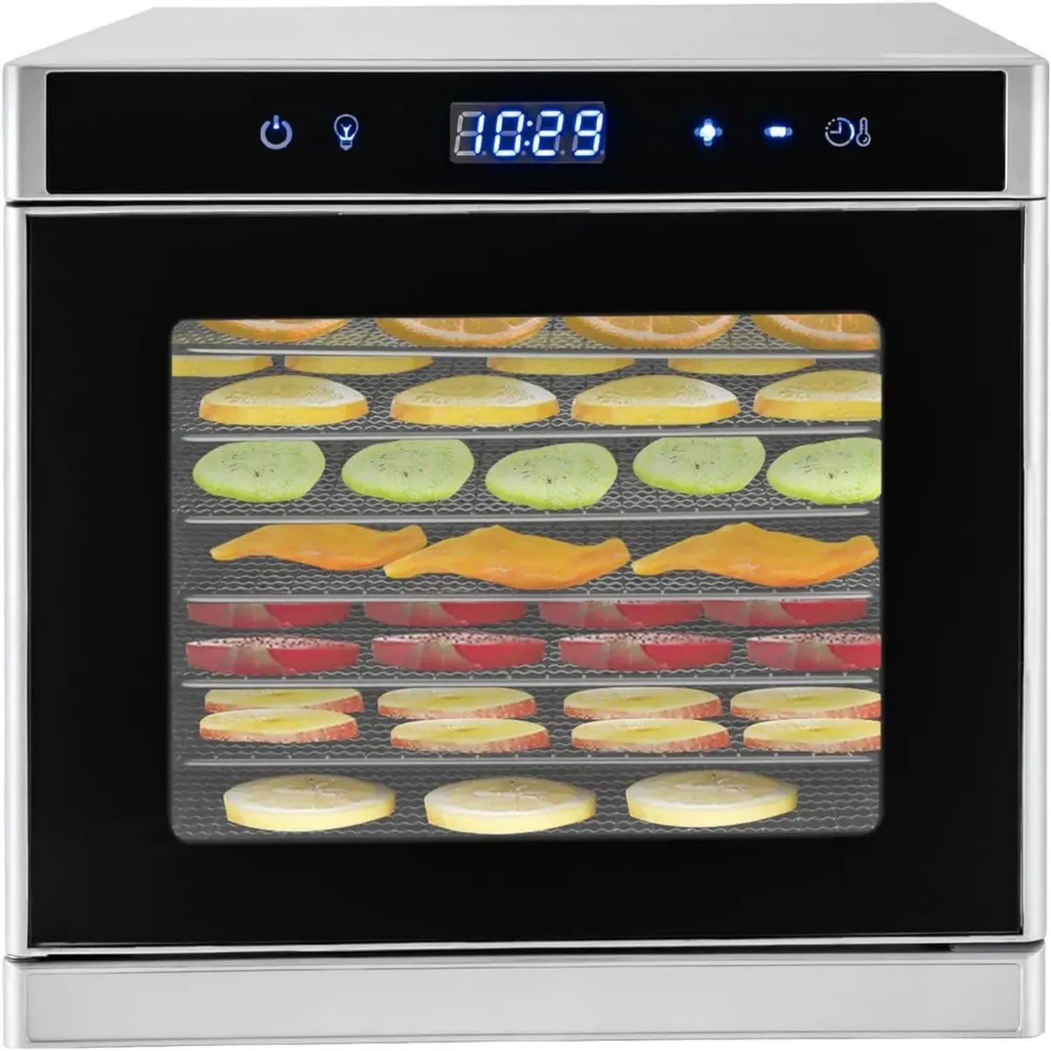 Edelstahl Dörrautomat 700W, 8 Ebenen, LED-Display, Temperaturregelung 35-75°C, ideal für Obst, Gemüse, Nüsse und Fleisch