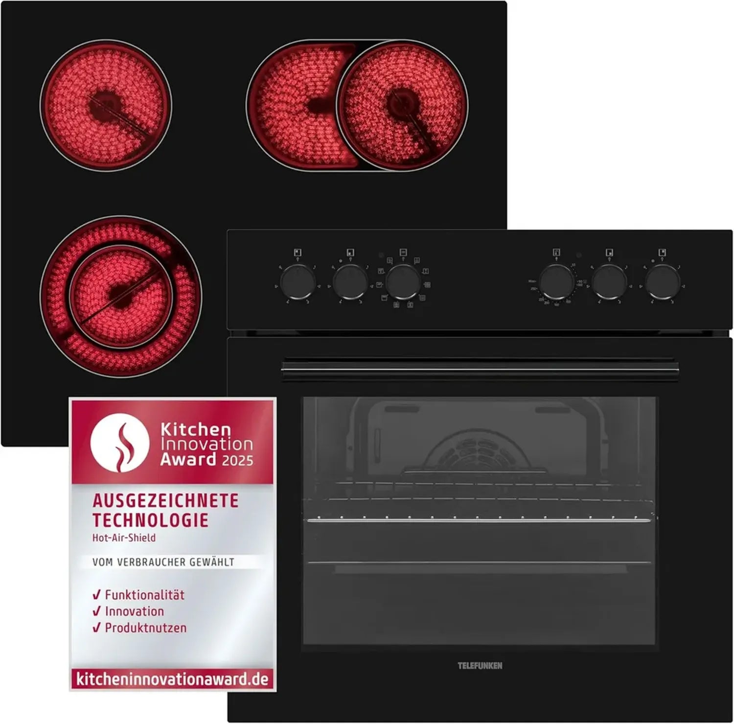 Telefunken Einbauherd-Set ECHS65A-B2 | Elektroherd mit Umluft und Grill | Glaskeramik-Kochfeld ohne Rahmen, 4 Zonen | 65L Backofen | Edelstahl, 60 cm