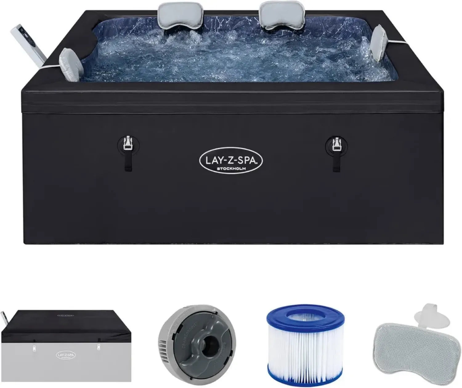 Bestway Lay-Z-SPA Stockholm AirJet Whirlpool für 6 Personen, App-Steuerung, 40°C Heizung, 140 Düsen, wintertauglich, schwarz