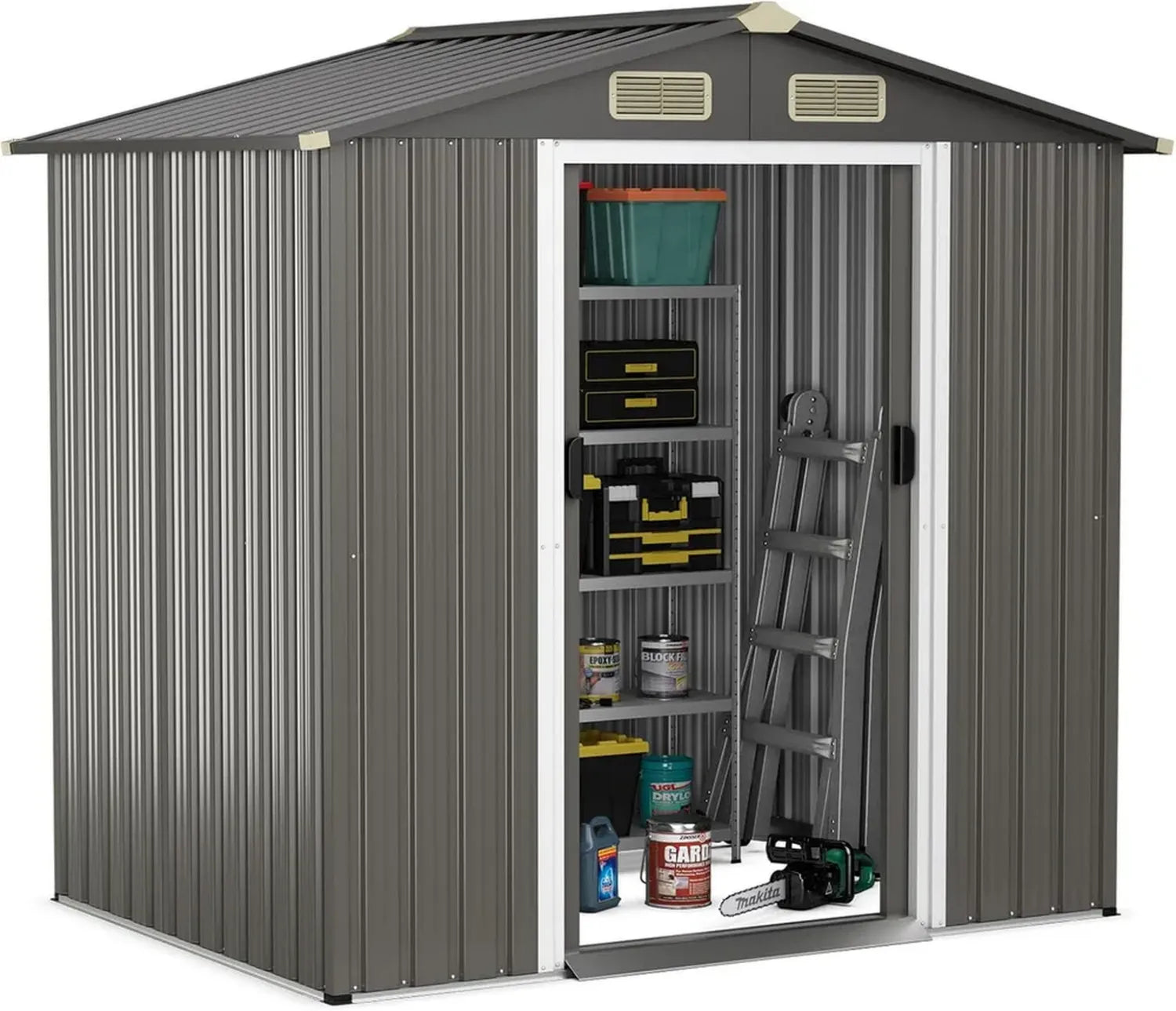 GOPLUS Metallgerätehaus mit Schiebetüren, 196x142x186cm, 3,68 m³, wetterfestes Gartenschuppen mit Lüftungsschlitzen und Pultdach