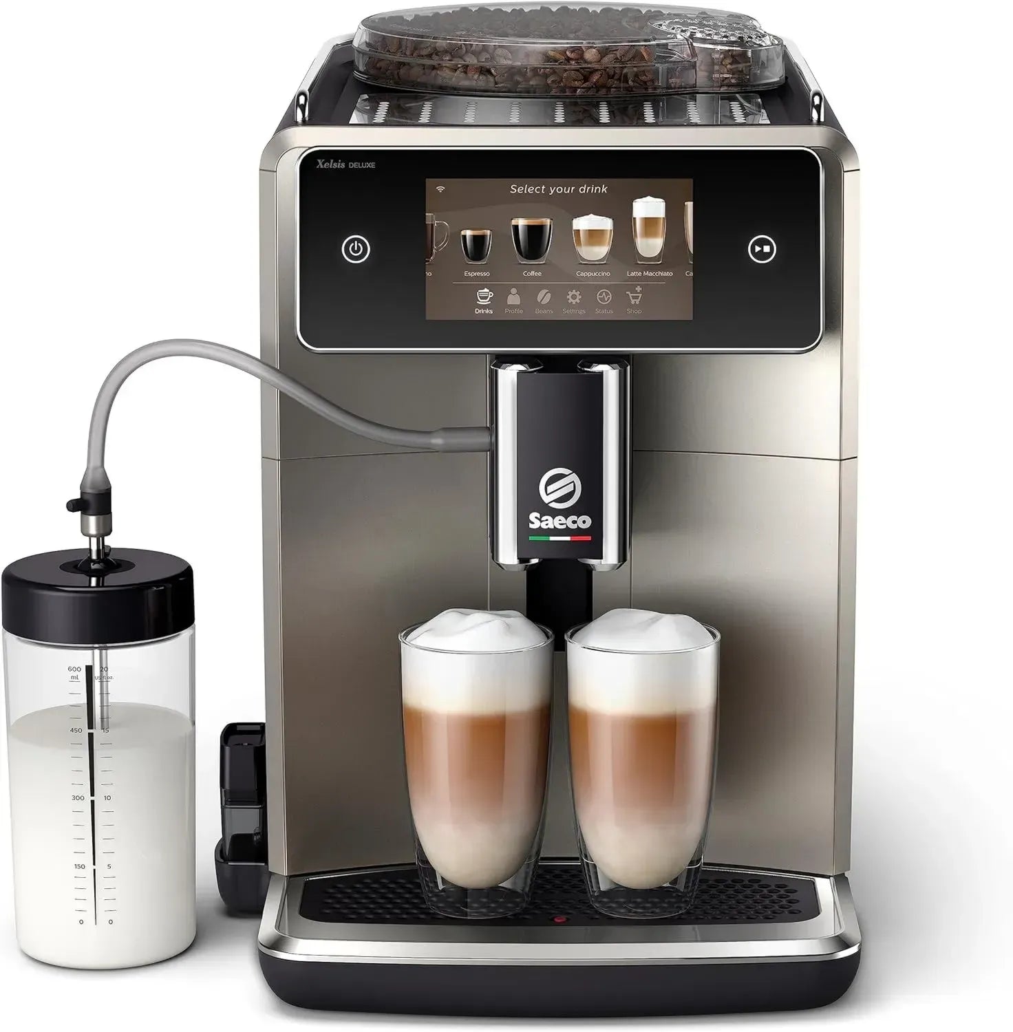Saeco Xelsis Deluxe Kaffeevollautomat – WLAN, 22 Kaffeespezialitäten, 5-Zoll-Touchscreen, 8 Profile, Keramikmahlwerk, Metall (SM8782/30)