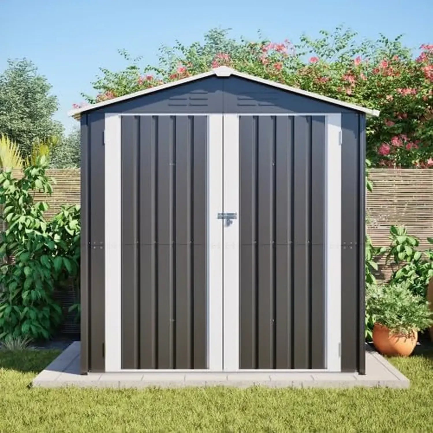 Metall Gartenschuppen 142x185 cm mit Belüftung und Schloss – wetterfeste Fahrrad- und Motorradgarage, inkl. Fundament, Grau