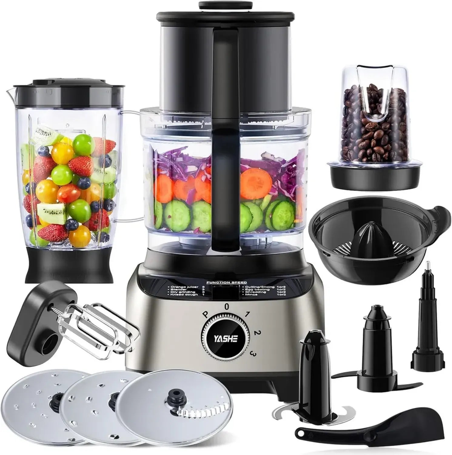 YASHE 11-in-1 Küchenmaschine: Blender, Mixer, Zerkleinerer & Entsafter, 1300W, 2,5L Schüssel, 1,5L Behälter, 3 Geschwindigkeiten, Pulsfunktion